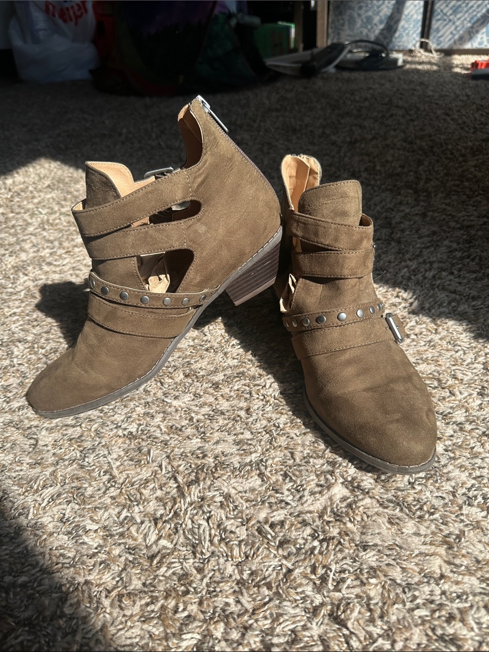 Women's Suede Cutout Ankle Booties with Studded Straps - Brown